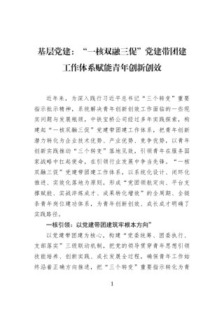 基层党建：“一核双融三促”党建带团建工作体系赋能青年创新创效