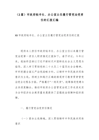 市政府秘书长、办公室主任履行管党治党责任的汇报汇编（2篇）