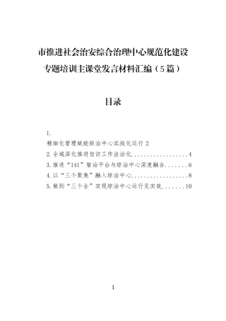 市推进社会治安综合治理中心规范化建设专题培训主课堂发言材料汇编（5篇）