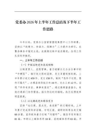 党委办2026年上半年工作总结及下半年工作思路