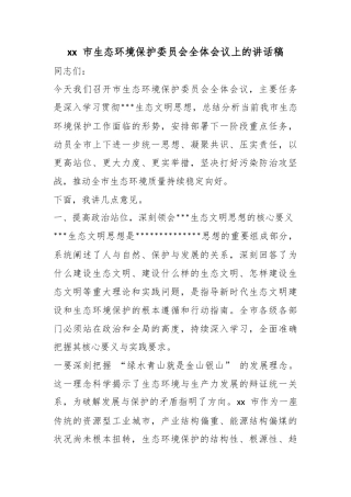 市生态环境保护委员会全体会议上的讲话稿