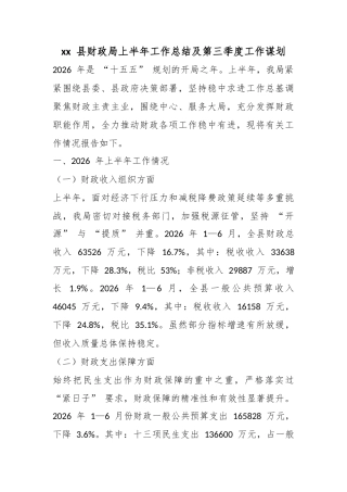 县财政局上半年工作总结及第三季度工作谋划