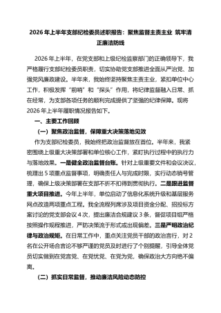2026年上半年支部纪检委员述职报告：聚焦监督主责主业筑牢清正廉洁防线