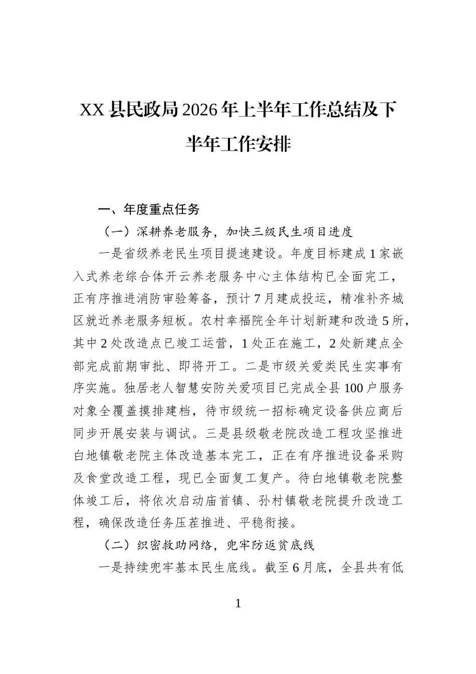 XX县民政局2026年上半年工作总结及下半年工作安排_第1页