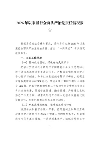 2026年以来履行全面从严治党责任情况报告