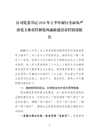 公司党委书记2026年上半年履行全面从严治党主体责任和党风廉政建设责任情况报告