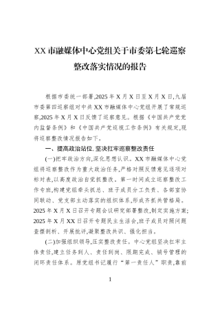 XX市融媒体中心党组关于市委第七轮巡察整改落实情况的报告