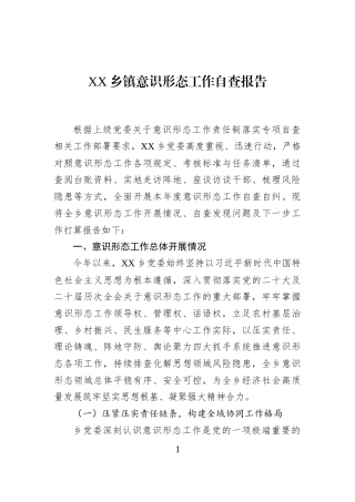 XX乡镇意识形态工作自查报告