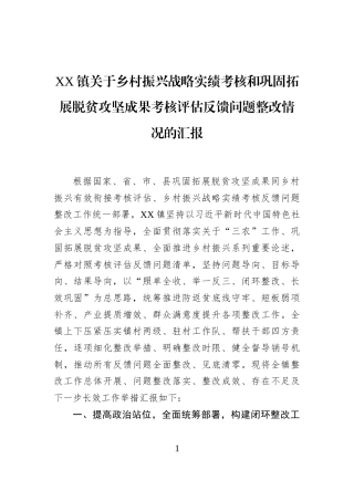 XX镇关于乡村振兴战略实绩考核和巩固拓展脱贫攻坚成果考核评估反馈问题整改情况的汇报