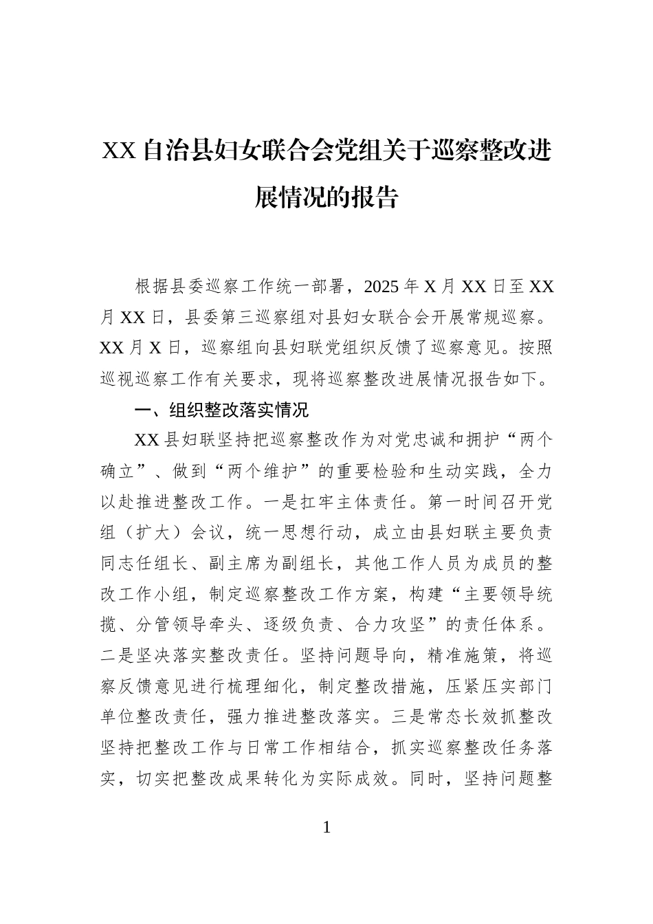 XX自治县妇女联合会党组关于巡察整改进展情况的报告_第1页
