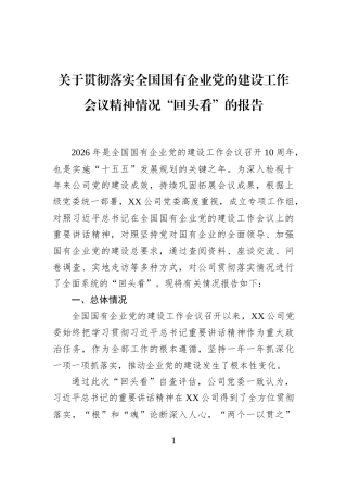 关于贯彻落实全国国有企业党的建设工作会议精神情况“回头看”的报告