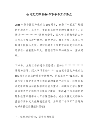 公司党支部2026年下半年工作要点