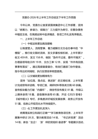 党委办2026年上半年工作总结及下半年工作思路计划