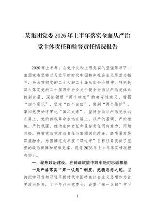 某集团党委2026年上半年落实全面从严治党主体责任和监督责任情况报告