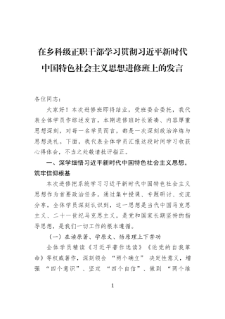 在乡科级正职干部学习贯彻习近平新时代中国特色社会主义思想进修班上的发言