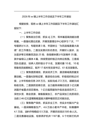 2026年镇上半年工作总结及下半年工作谋划计划