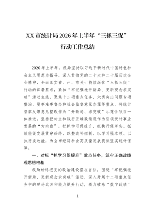 XX市统计局2026年上半年“三抓三促”行动工作总结
