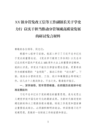 XX镇分管发改工信等工作副镇长关于学史力行+以实干担当推动分管领域高质量发展的研讨发言材料