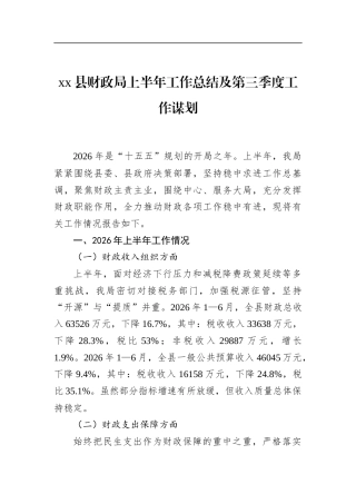 县财政局上半年工作总结及第三季度工作谋划