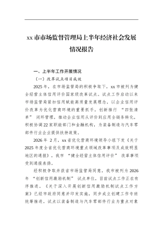 市市场监督管理局上半年经济社会发展情况报告