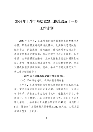 2026年上半年基层党建工作总结及下一步工作计划
