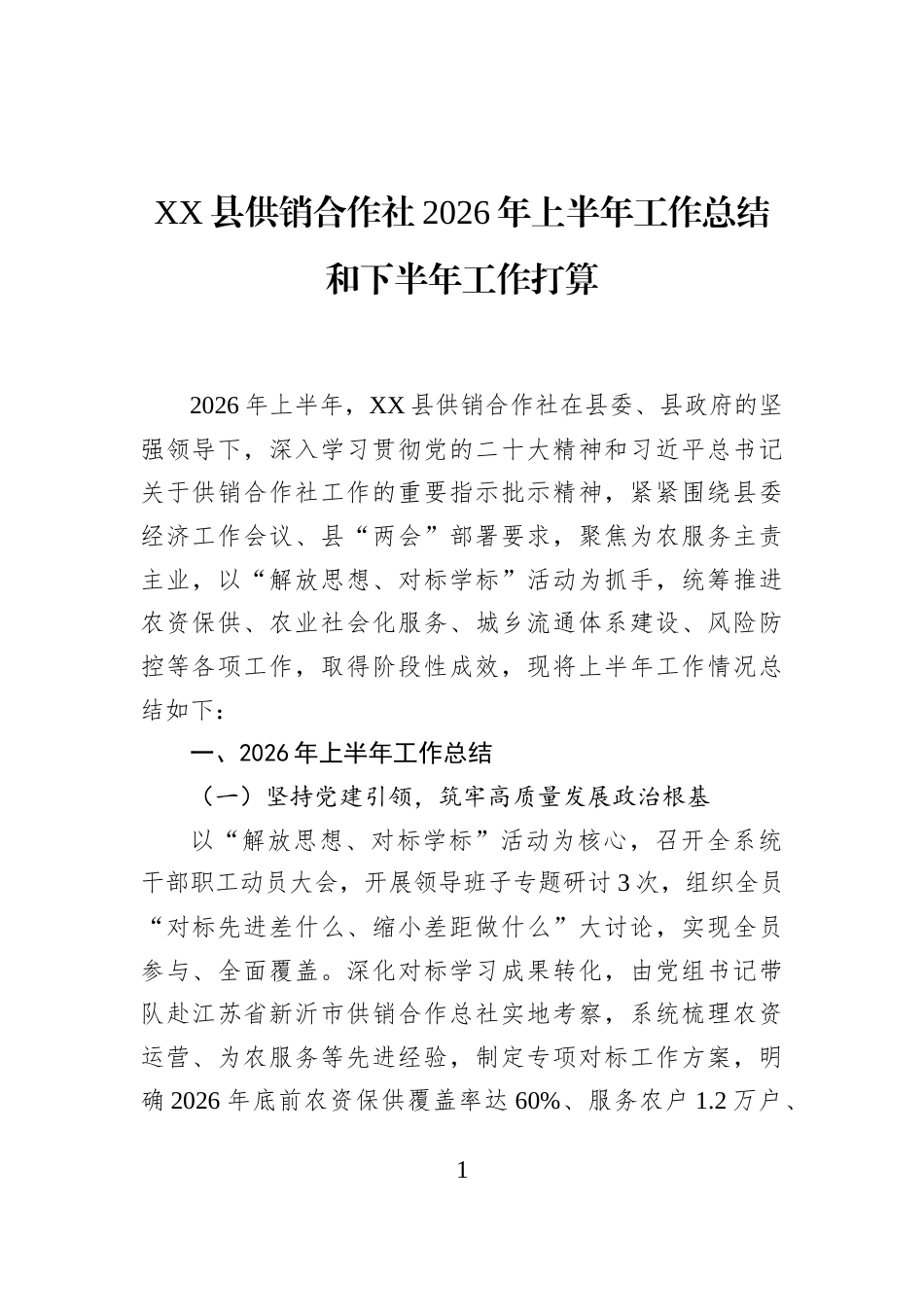 XX县供销合作社2026年上半年工作总结和下半年工作打算_第1页