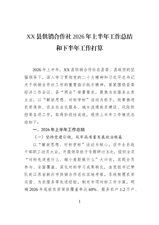 XX县供销合作社2026年上半年工作总结和下半年工作打算