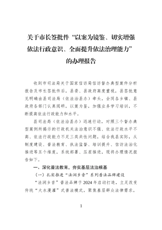 关于市长签批件“以案为镜鉴、切实增强依法行政意识、全面提升依法治理能力”的办理报告