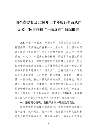 国企党委书记2026年上半年履行全面从严治党主体责任和“一岗双责”情况报告