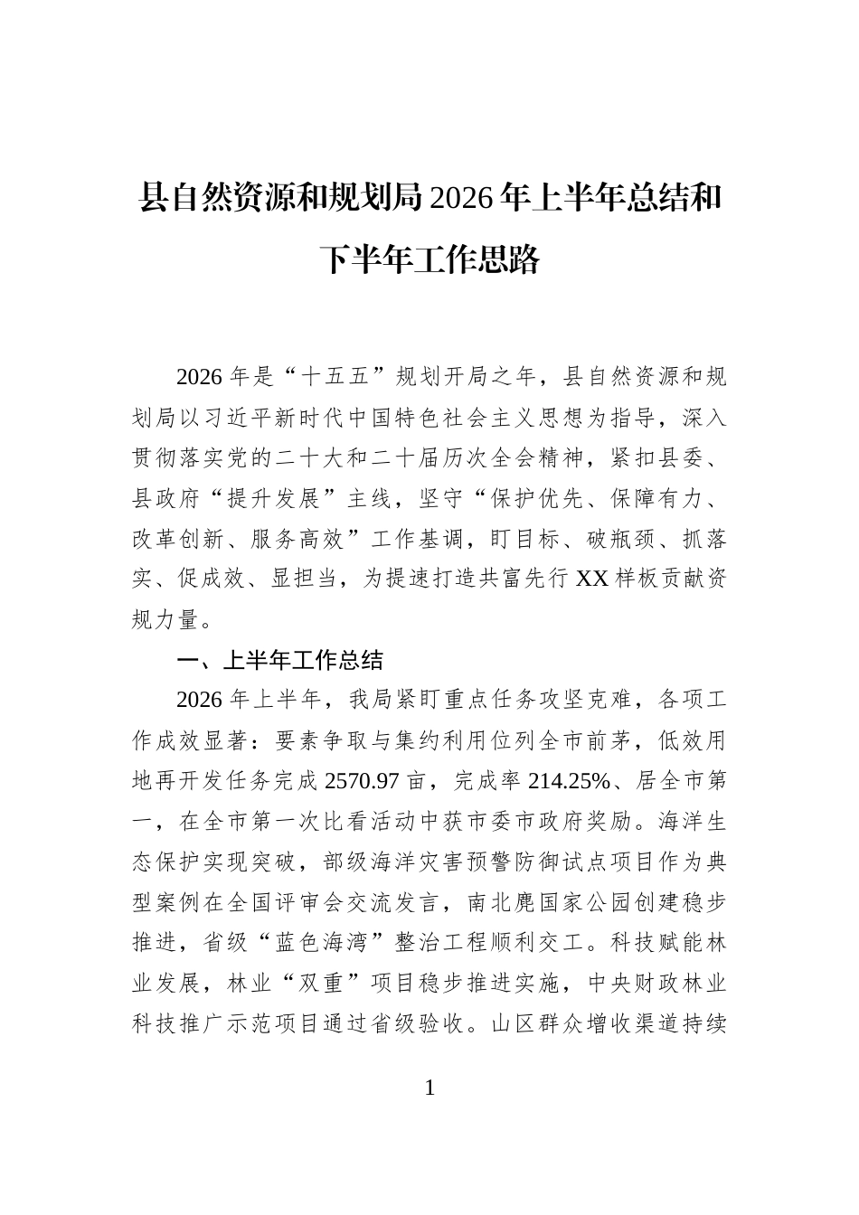 县自然资源和规划局2026年上半年总结和下半年工作思路_第1页