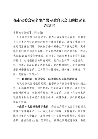 在市安委会安全生产警示教育大会上的检讨表态发言