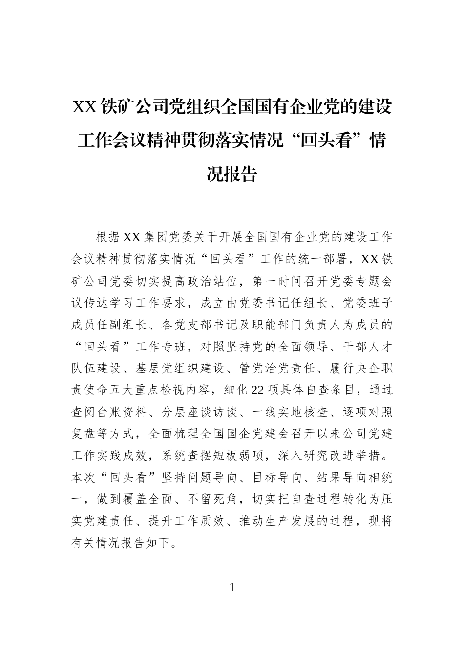 XX铁矿公司党组织全国国有企业党的建设工作会议精神贯彻落实情况“回头看”情况报告_第1页