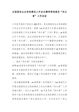 全国国有企业党的建设工作会议精神贯彻落实“回头看”工作总结