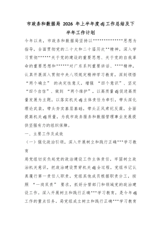 市政务和数据局2026年上半年度党建工作总结及下半年工作计划