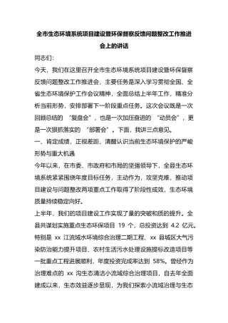 全市生态环境系统项目建设暨环保督察反馈问题整改工作推进会上的讲话