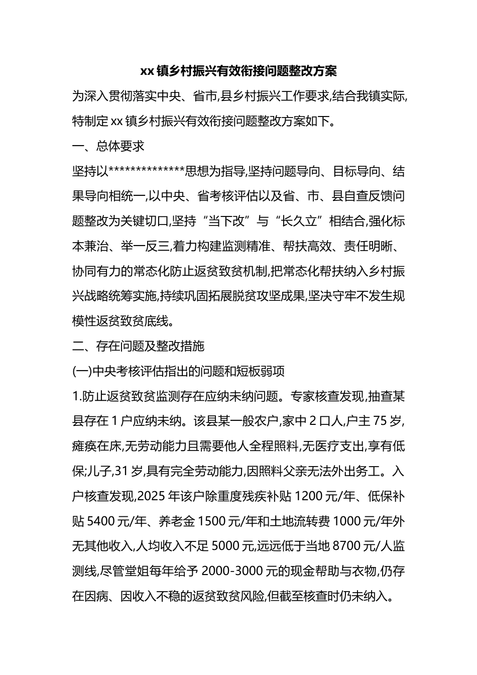 XX镇乡村振兴有效衔接问题整改方案_第1页