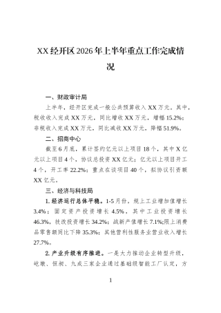 XX经开区2026年上半年重点工作完成情况