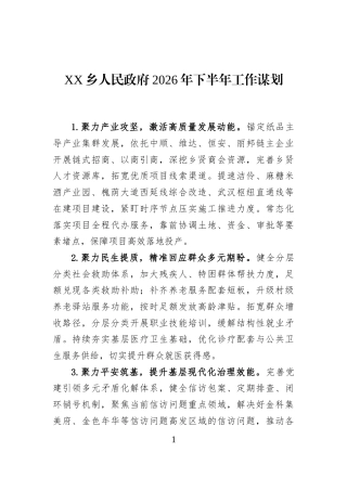 XX乡人民政府2026年下半年工作谋划