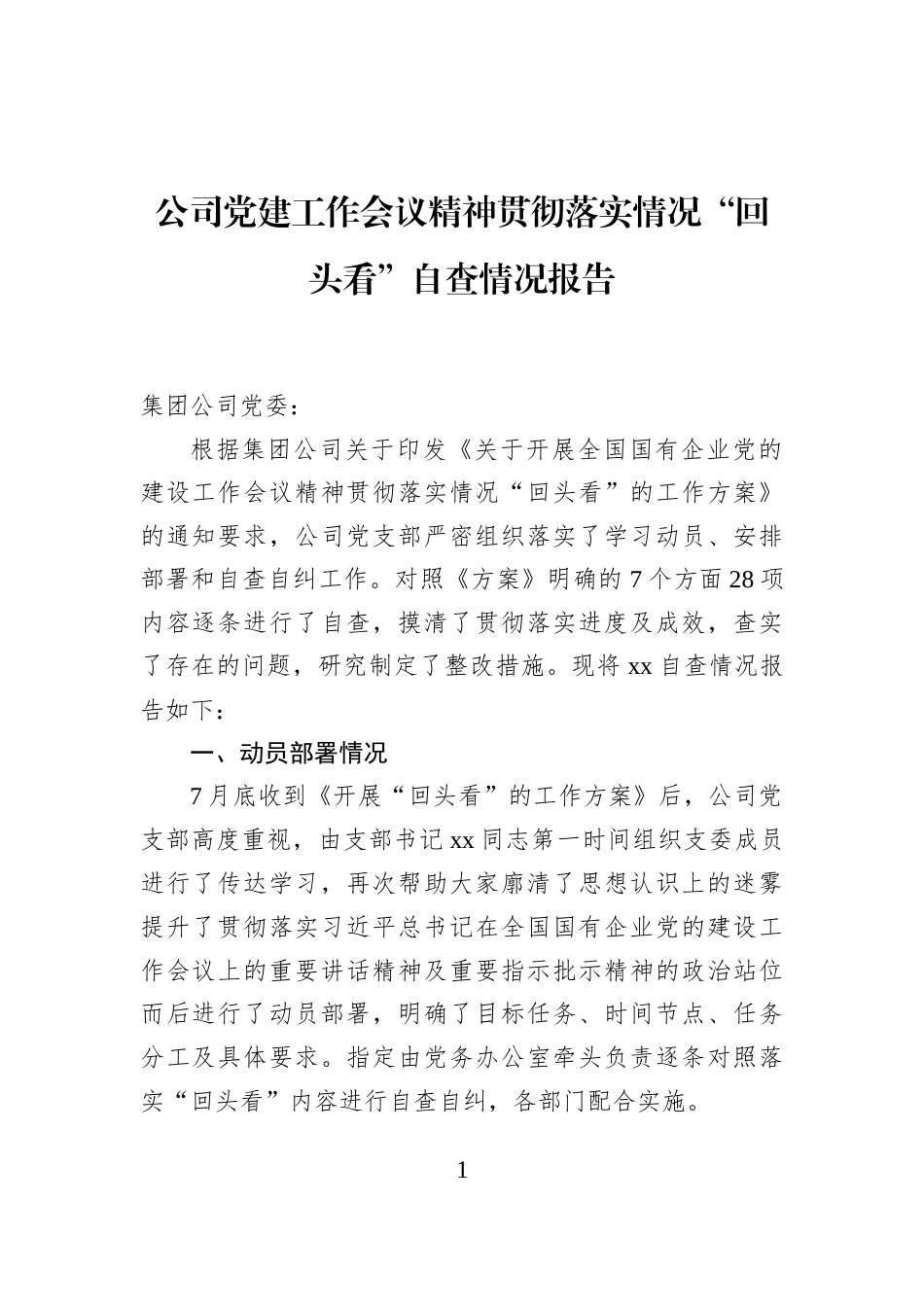 公司党建工作会议精神贯彻落实情况“回头看”自查情况报告_第1页