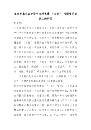 在高标准农田建设和农村集体“三资”问题整治会议上的讲话