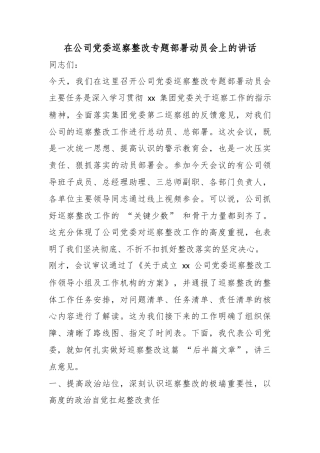 在公司党委巡察整改专题部署动员会上的讲话