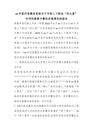 市医疗保障局党组关于市委上下联动“回头看”专项巡察集中整改进展情况的报告