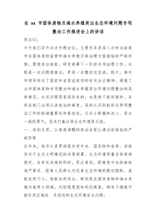 在市固体废物及海水养殖突出生态环境问题专项整治工作推进会上的讲话