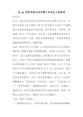 在市防汛防台风专题工作会议上的讲话