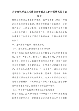 关于意识形态及网络安全等重点工作开展情况的自查报告
