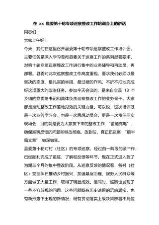 在县委第十轮专项巡察整改工作培训会上的讲话