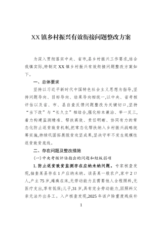 XX镇乡村振兴有效衔接问题整改方案