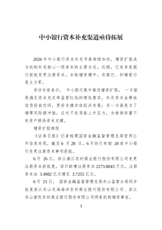 中小银行资本补充渠道亟待拓展