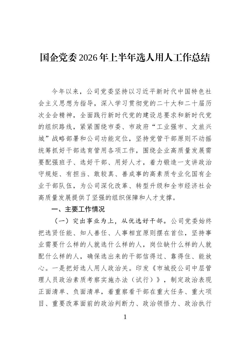 国企党委2026年上半年选人用人工作总结_第1页