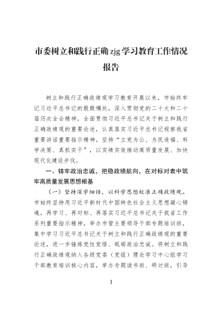 市委树立和践行正确zjg学习教育工作情况报告
